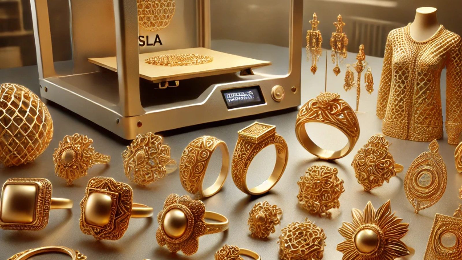 DALL·E 2024-12-02 21.31.54 - A realistic depiction of freshly printed jewelry prototypes created using an SLA 3D printer, with all the pieces having a gold finish. The scene inclu