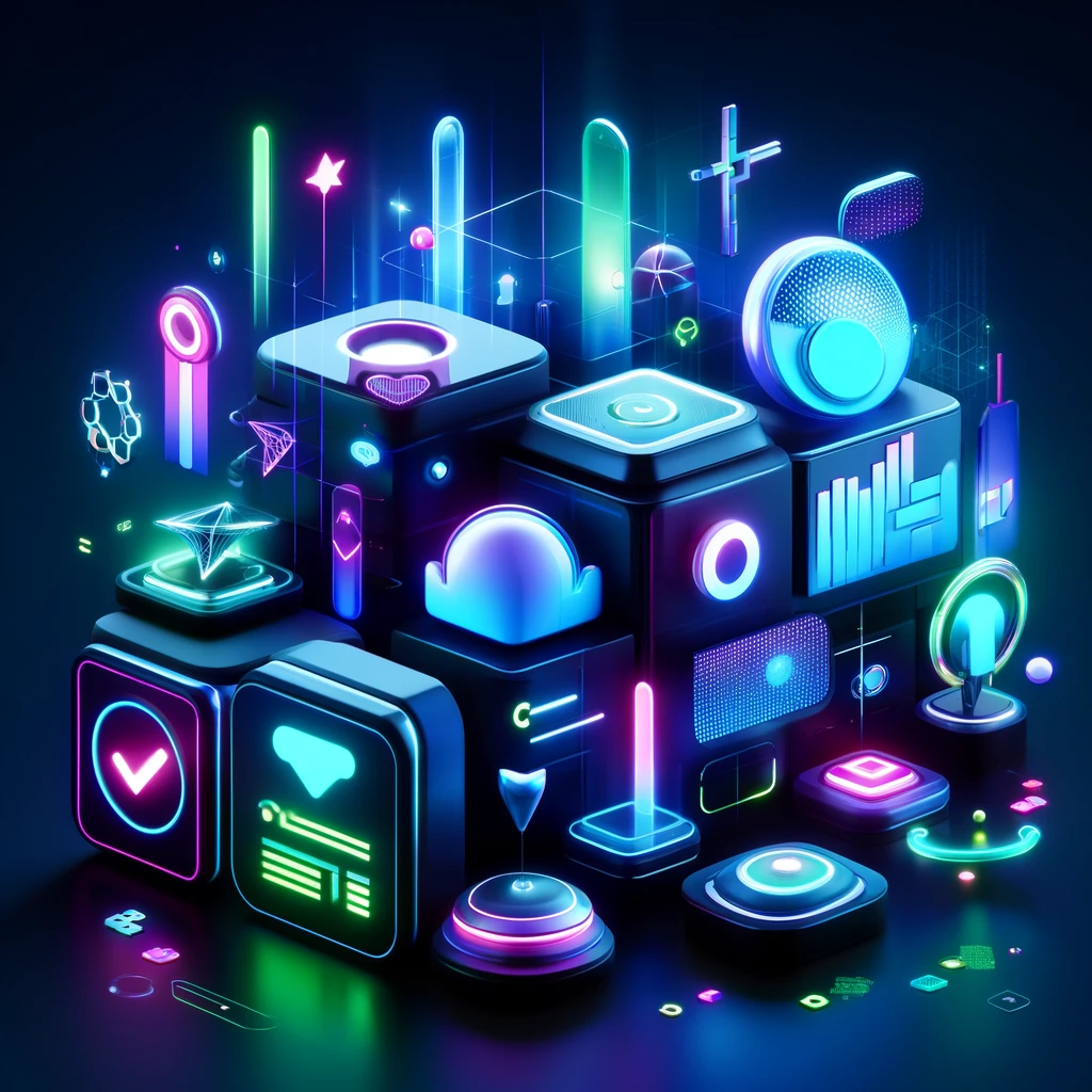 DALL·E 2024-10-22 22.18.49 - A futuristic, neon-inspired 3D illustration featuring abstract shapes similar to the uploaded image. The shapes should include smooth, reflective surf