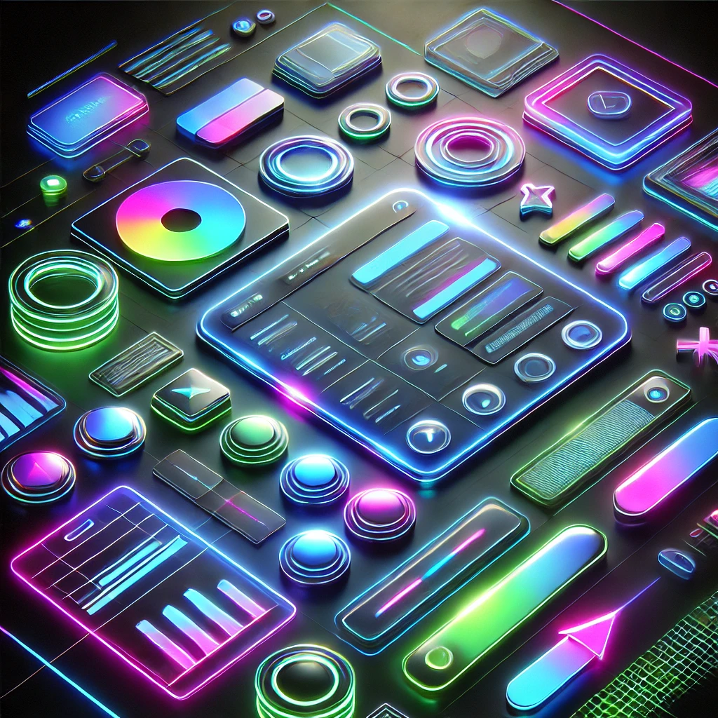 DALL·E 2024-10-22 22.45.08 - A futuristic, neon-inspired 3D illustration focused on UI_UX design elements, similar in style to the first image. The design should include abstract