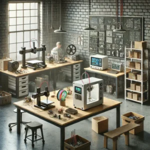 DALL·E 2024-12-01 19.43.21 - A realistic depiction of a low-budget startup lab with diverse machines. The lab includes a small filament extruder, a PCB assembly machine, and a rob